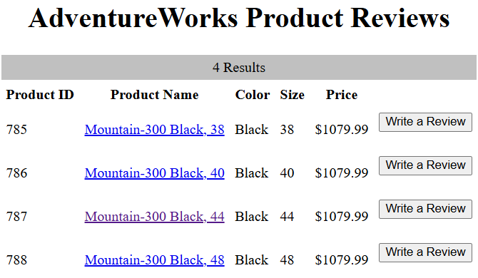 AdventureWorks application displaying 4 Results: Mountain-300 Black products 785, 786, 787 and 788 in sizes 38, 40, 44 and 48.